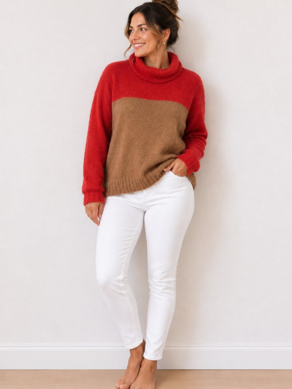 J. Crew Red and Brown Colorblock Cowl Neck Sweater - Merino Wool Blend